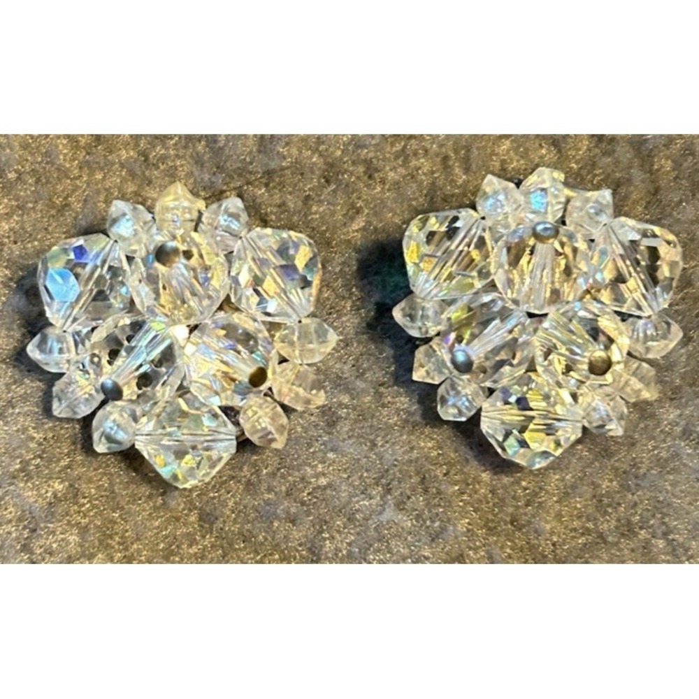 VTG Germany Aurora Borealis Earrings Crystal Cluster Clip On Earrings Faceted